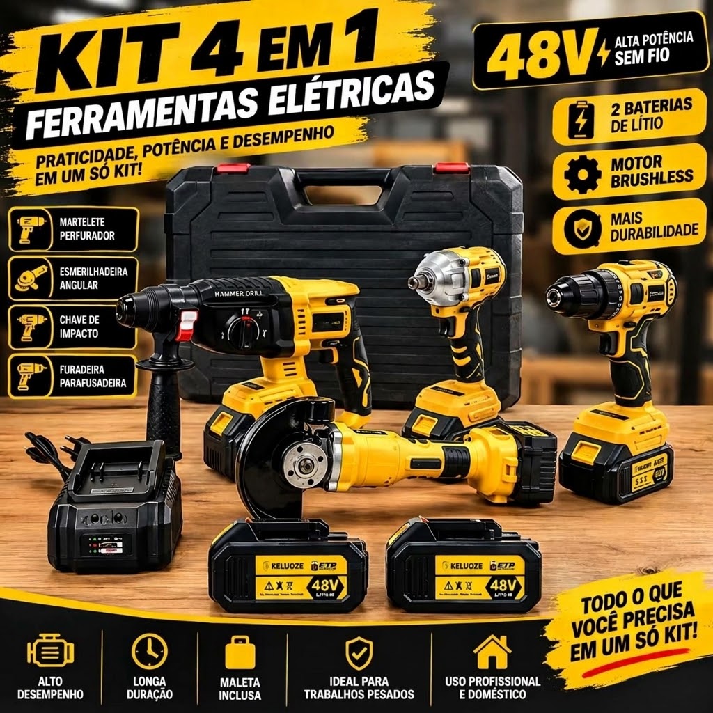 Kit Ferramentas 4 em 1 48Vf | Íon Lítio Baterias Sem Fio | Martelete + Esmerilhadeira + Furadeira + Chave de Impacto