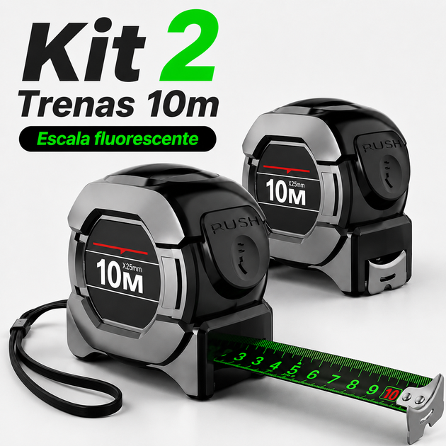 Kit 2 Trenas Profissionais 10m com Fita em Aço Carbono, Revestimento Fluorescente e Trava para Medição